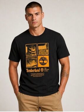Timberland Black Short Sleeve Tee with Yellow Graphic Panels